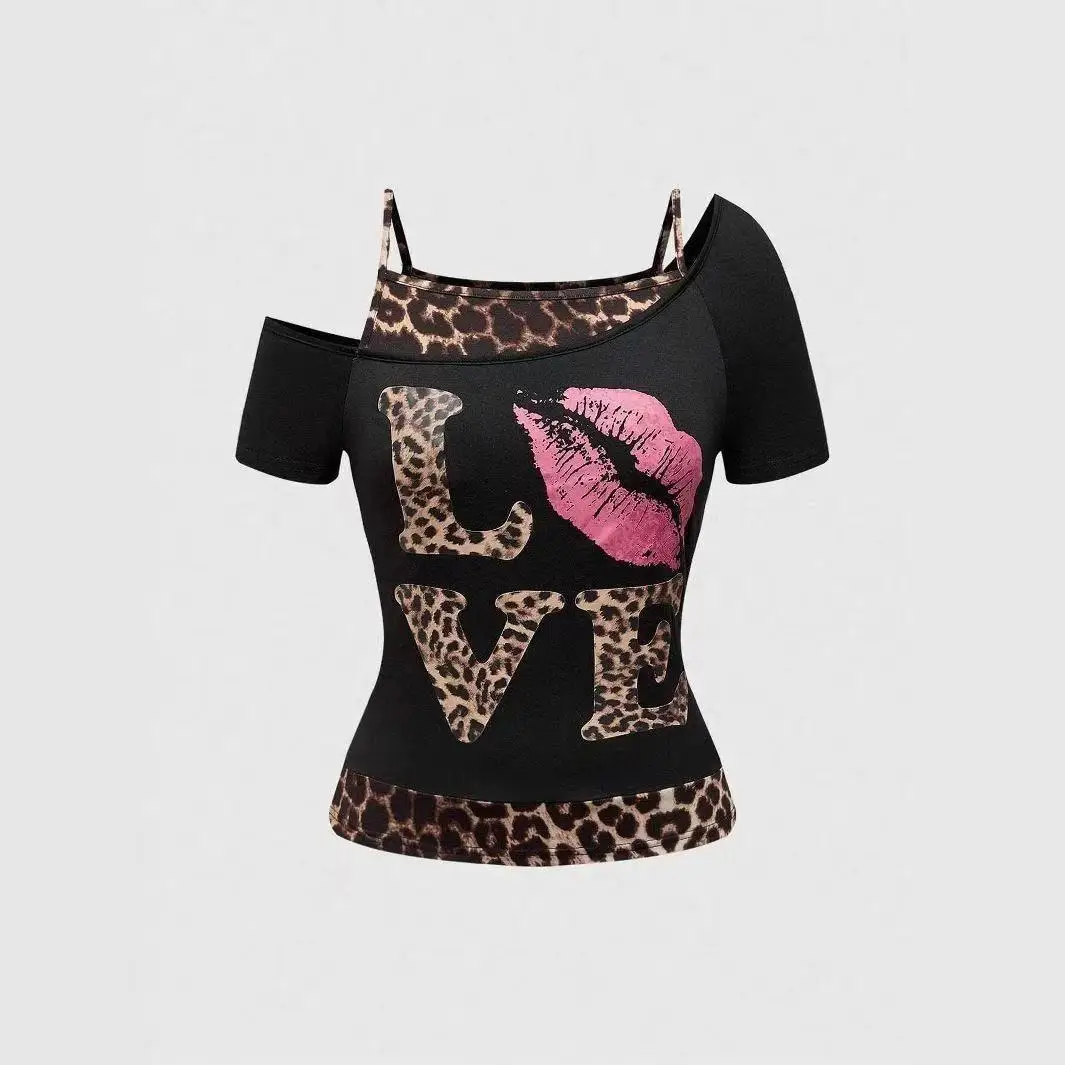 Layered Fake Two‑Piece Off‑Shoulder T‑Shirt Leopard Pattern LOVE Kiss Lips Graphic Print Slim Short Sleeve Casual Top