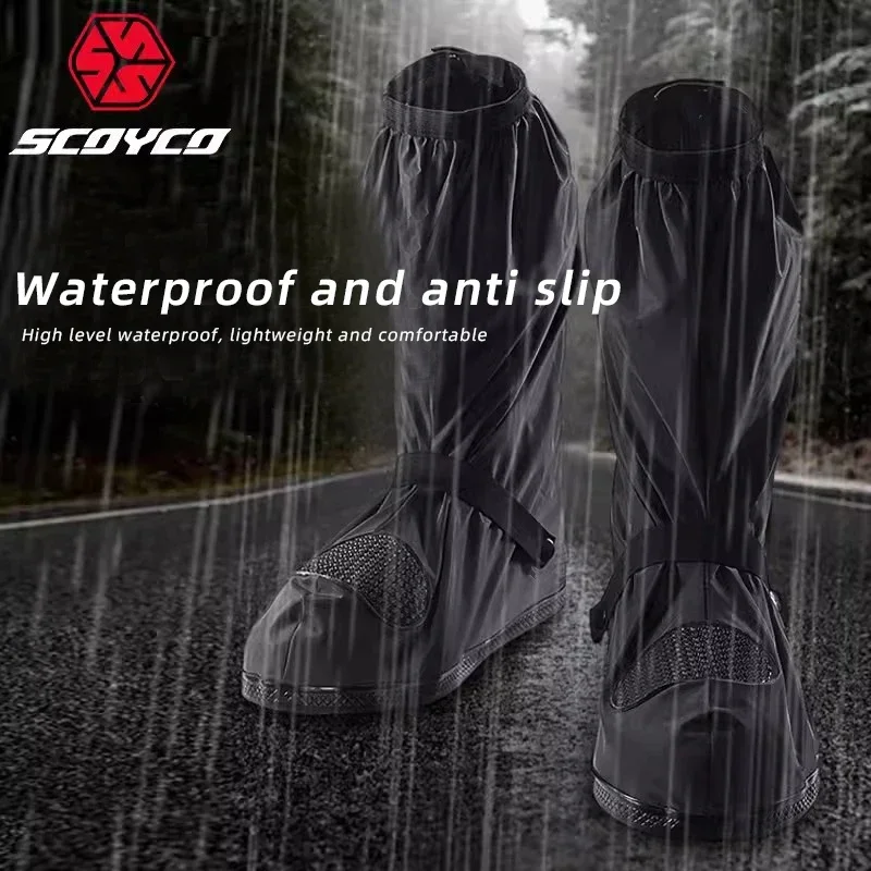 SCOYCO Motorcycle High Tube Rain Boots Covers Waterproof Rainproof Non-Slip Motocross Scooter Reusable Riding Rain Shoes Cover