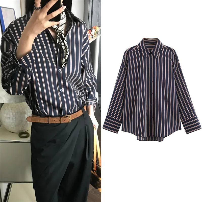 قميص نسائي 2025 خريف نمط جديد أزرق كحلي مخطط ديكور كم طويل فضفاض نمط صديقها قميص موضة غير رسمية #1