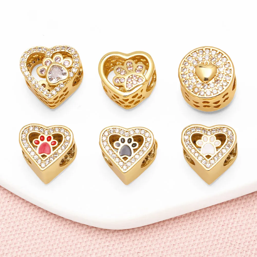 OCESRIO Trendy Cute Small Enamel Paw Heart Charms for Bracelet Copper Gold Plated CZ Round Heart Jewelry Making Supplies chma297