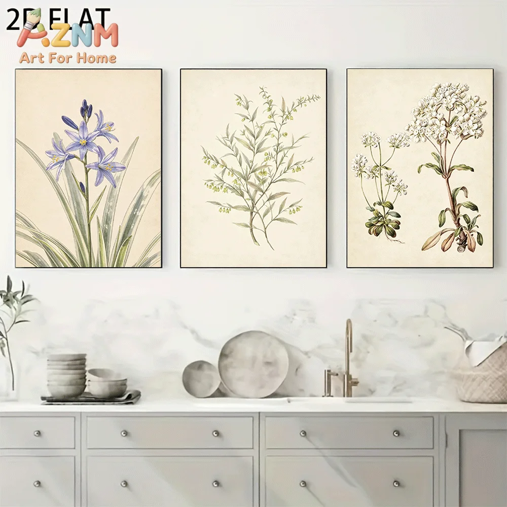 AZNM Frameless Canvas Wall Art, Vintage Botanical Purple White Wildflower Print, Antique Watercolor Floral Wall Decor for Living
