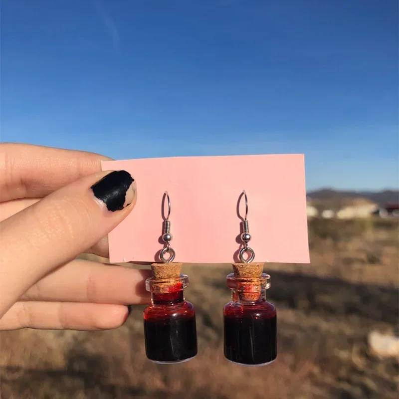 Vintage vampire resin filled blood bottle Pendant Earrings,vampire teeth Goth,2022 fashion glass fake blood bottle gotra jewelry