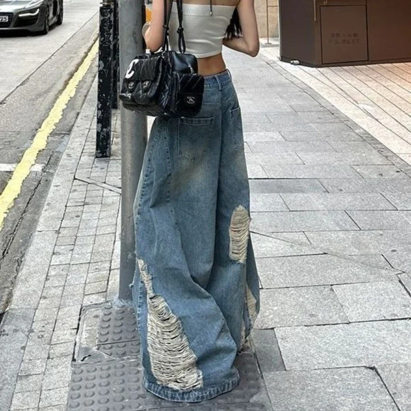 Jeans vecchi strappati da donna americani retrò High Street 2025 Harajuku pantaloni larghi dritti in denim a gamba larga streetwear pantaloni casual