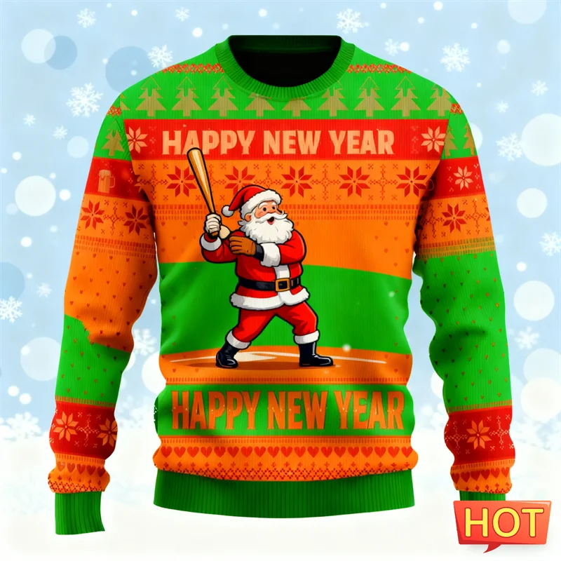 موضة سانتا كلوز الجرافيك سترة عيد الميلاد القبيحة للرجال العصرية الشارع الشهير ثلاثية الأبعاد مطبوعة بلوزات عادية المتضخم البلوفرات #2