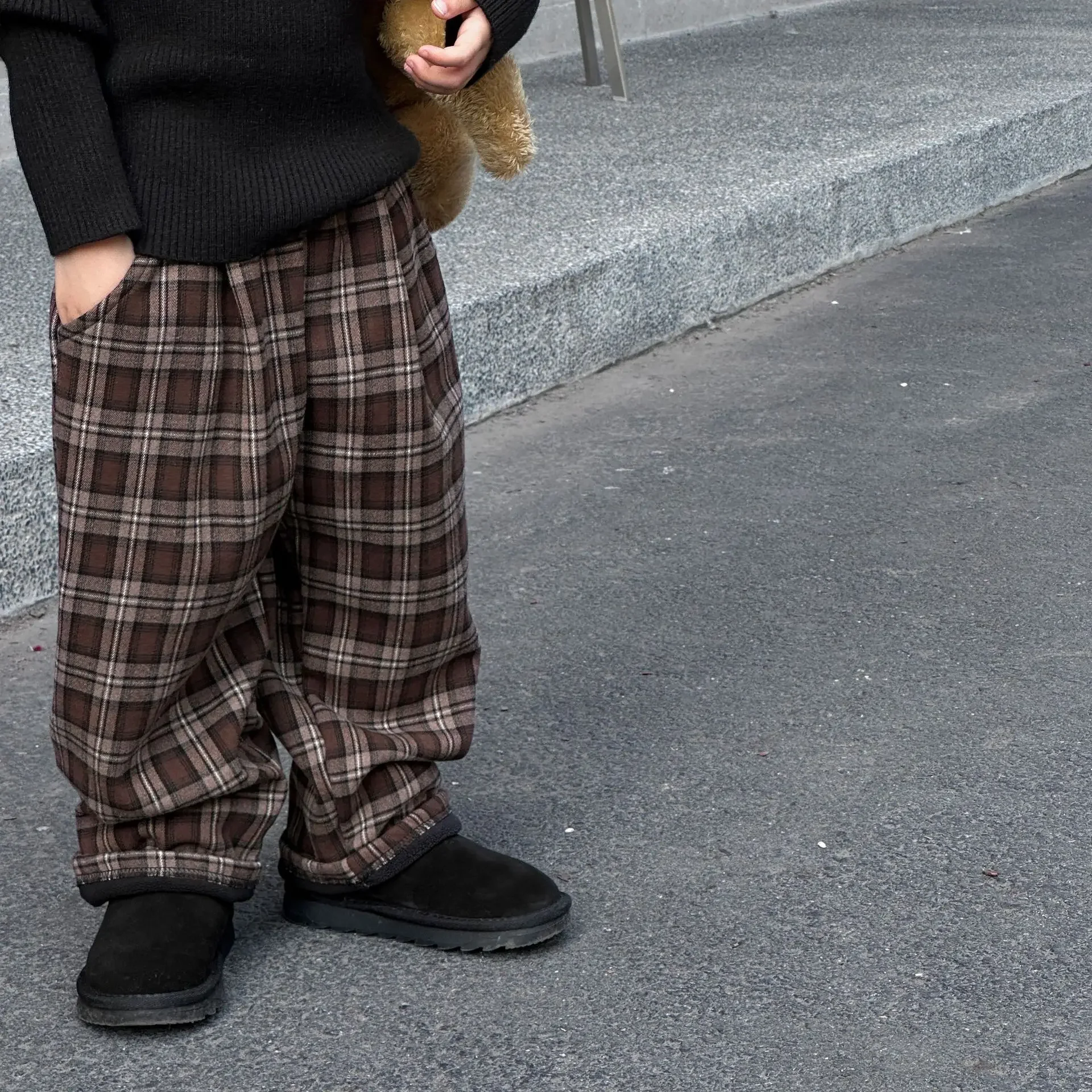 Kid Pants 2023 Winter New Korean Style Retro Casual Pants Baby Pants Velvet Thickening Winter Boys Pants Plaid Pants