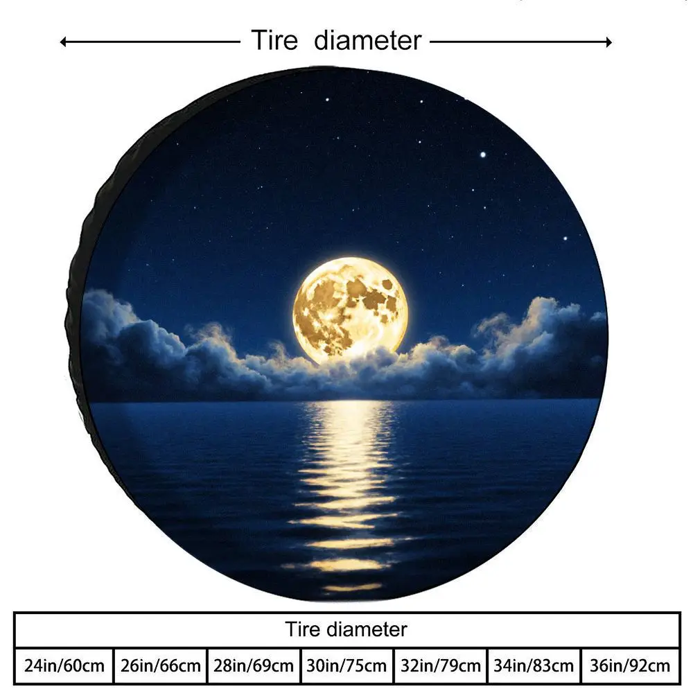 Tire Cover With A Moonlit Ocean View Print, Made Of Polyester Fiber, Decorative Spare Tire Cover Featuring A Serene Moonlight Cl