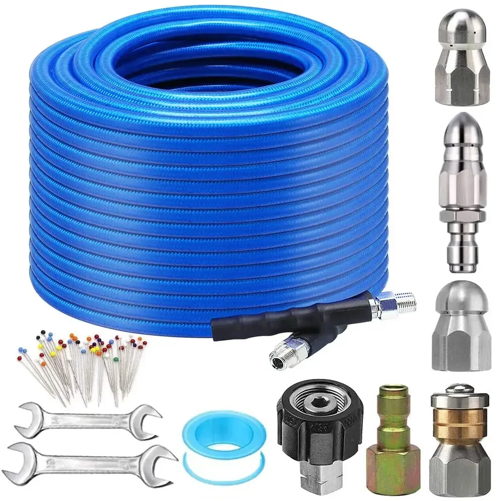 Sewer Jetter Kit for Pressure Washer, 4000PSI Drain Cleaner Hose 1/4 Inch NPT Corner, Rotating Button Nose Sewer Jetting Drain