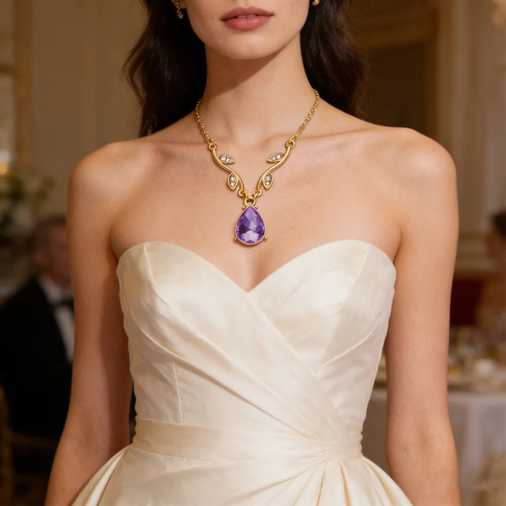 Purple Teardrop-Shaped Crystal Pendant Necklace Fashion Leaf Vine Style Suitable For Women And Brides To Wear As Jewelry