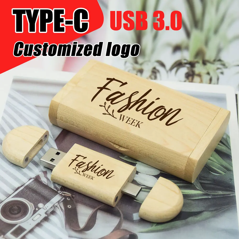 2 في 1 TYPE-C USB3.0 محرك فلاش 128G شعار مخصص مجاني محرك القلم 64G Cle عصا الذاكرة الخشبية 32 جيجابايت 16 جيجابايت 8 جيجابايت هدية الزفاف الإبداعية