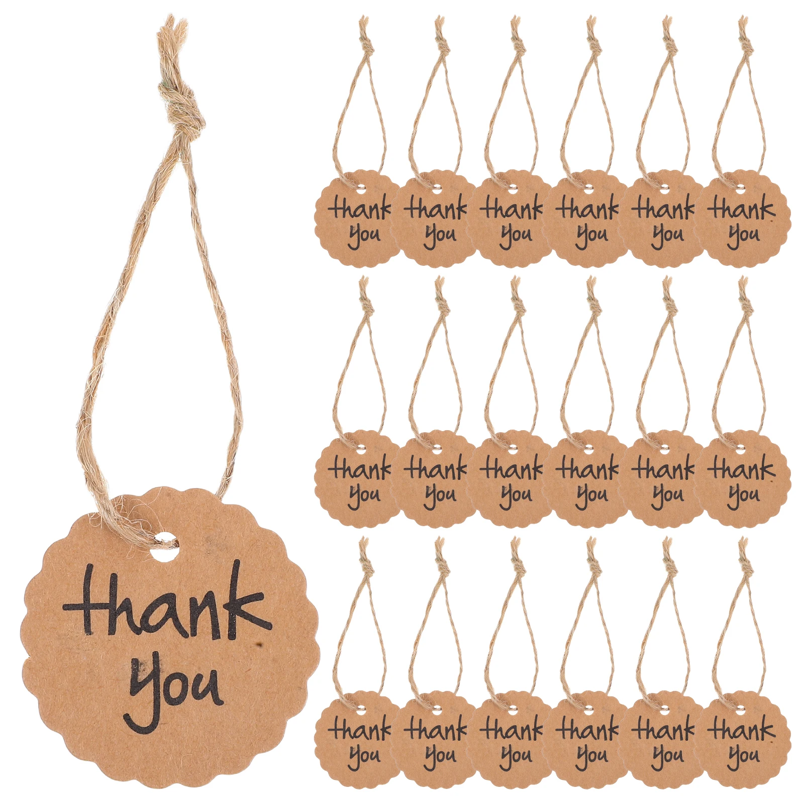 

100pcs Brown Kraft Paper Tags 4cm Round Scalloped Edges 20cm String Attached Gift Wedding Favor Labels Thank You Tag Office
