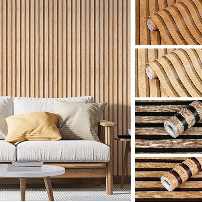Striped Imitation Wood Panel Wallpaper Peel And Stick Self-Adhesive Wall Covering PVC Decor For Interior Wall Decoration.