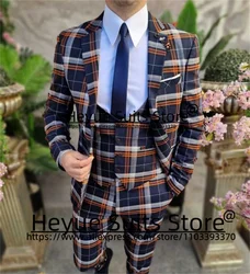 Fashion Plaid Wedding Suits For Men Slim Fit Notched Lapel Groom Formal Tuxedos 3 Pcs Sets Elegant Male Blazer Trajes De Hombre