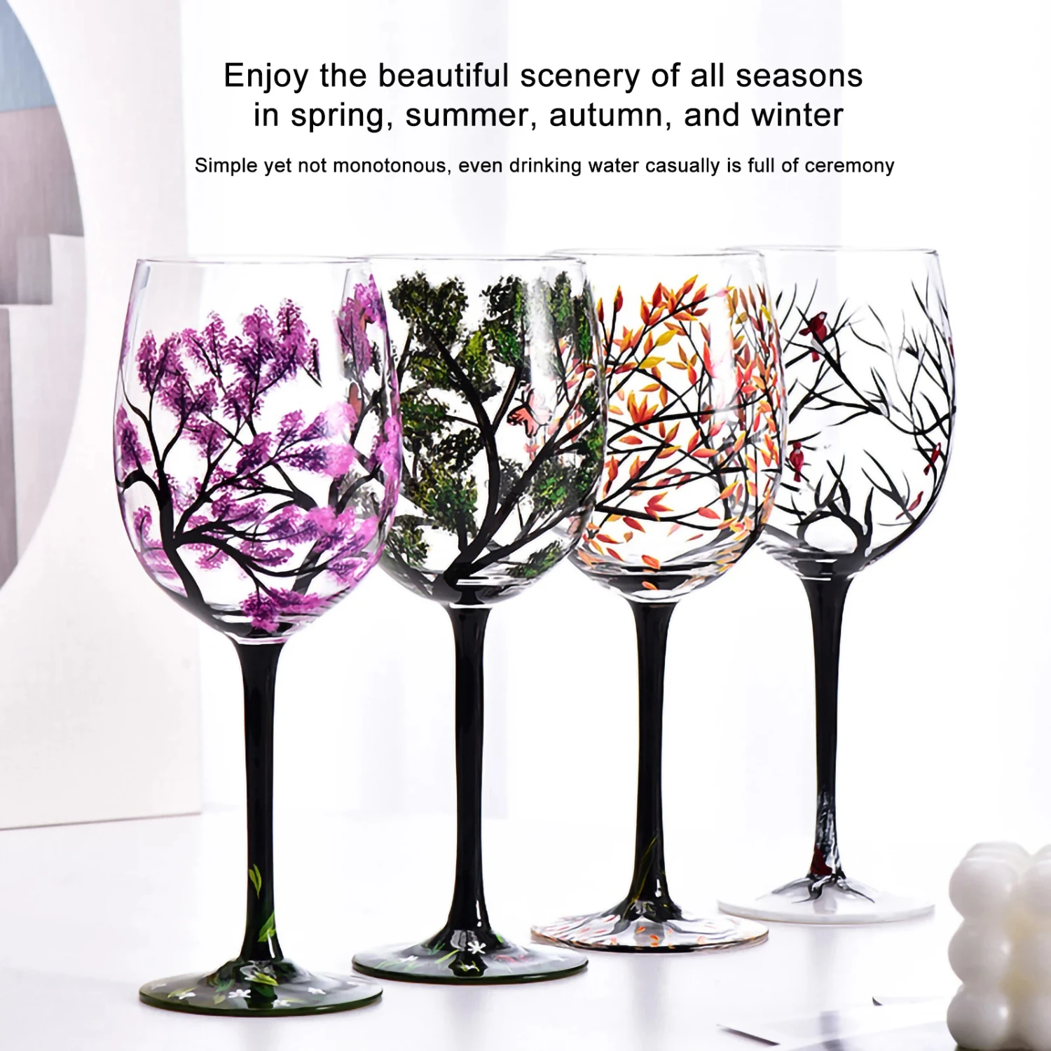 1Pc Four Seasons Trees Wine Glasses Creative Printed High Legged Glass Cups  Wine Beer Cocktail Large Capacity Drinkware Gift