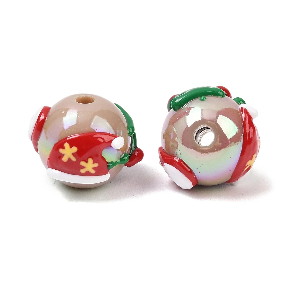 PandaHall 100pcs Christmas UV Coated Acrylic Beads, Iridescent Opaque Round with Holly Leaf, Festive Jewelry Making