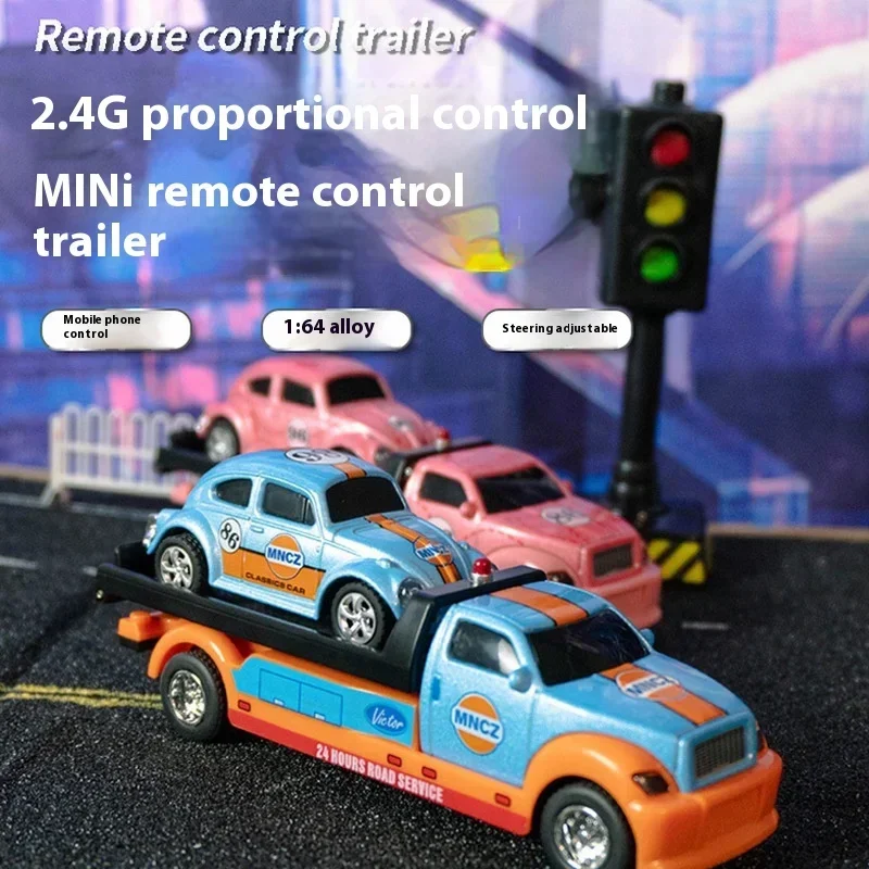 1/64 RC Mini Pickup Trailer High Speed Car Set Alloy Mobile Phone Remote Control Vehicle Lights Tail Flat Pull Cart Kids Toy Boy