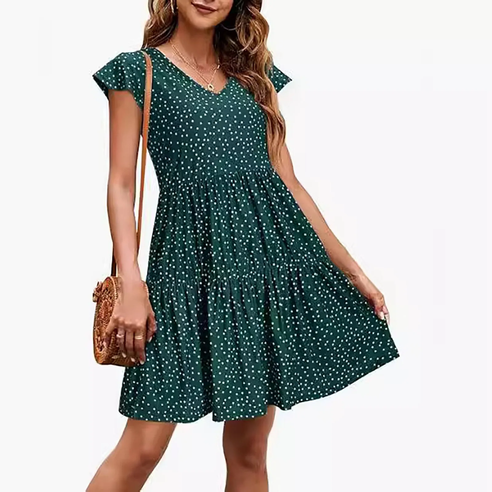 

Women'S Polka Dot Print Casual Dress Summer V-Neck Fashion Beach Dress Trend Elegant Street Dress Mini Peplum Sundress