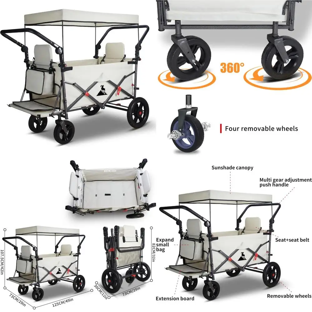 Collapsible Utility Cart with Canopy and 2 Seats, Adjustable Handle, Expandable Front for Camping and Outdoor Picnics