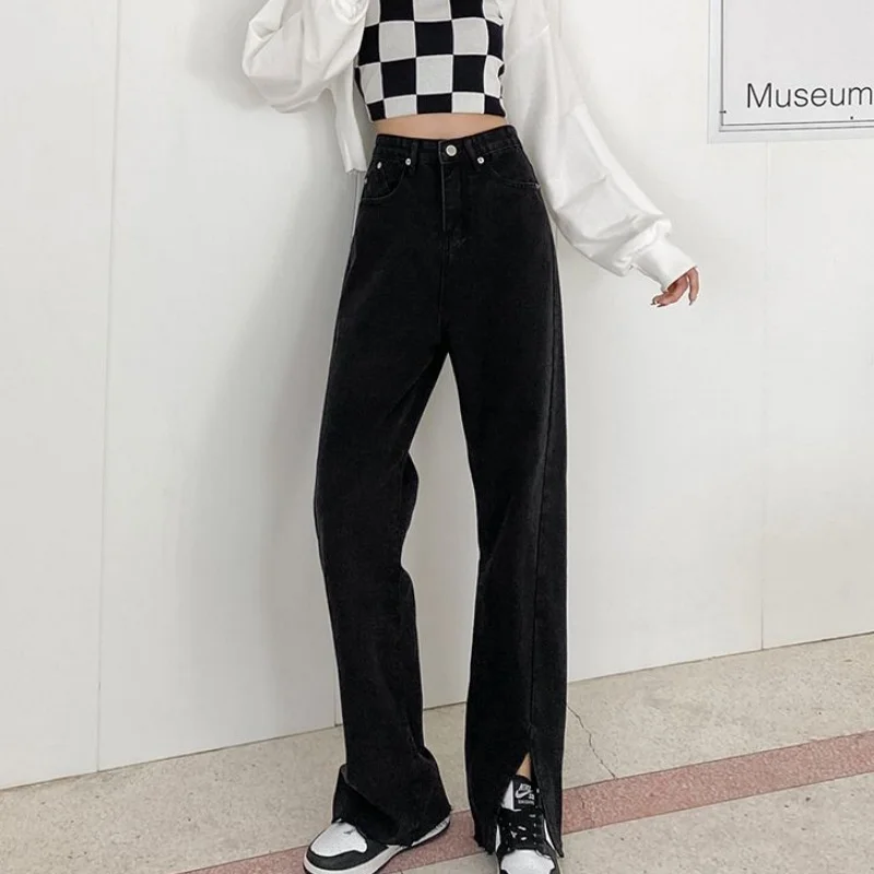 Women Split Hem Wide Leg Jeans Girls Fashion Raw Edge Design Plus Size Denim Pants Lady Daily Commute High Waist Trousers