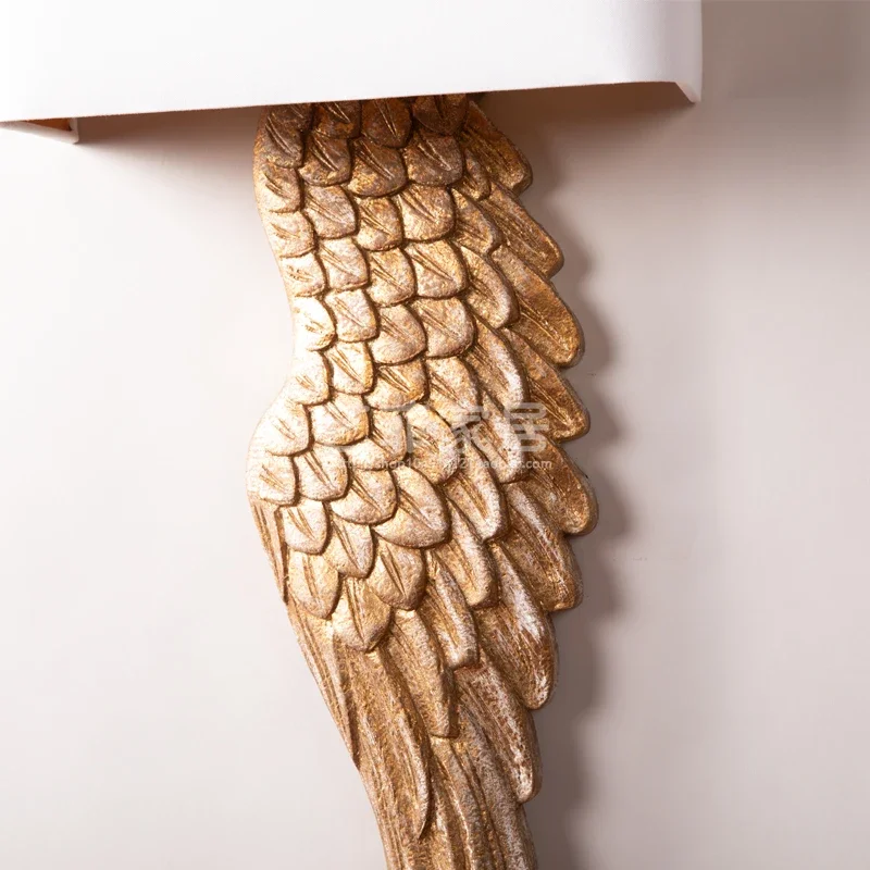 American style country Antique Gold Solid Wood Carving Angel's wing wall lamp living room background wall decorative wall lamp