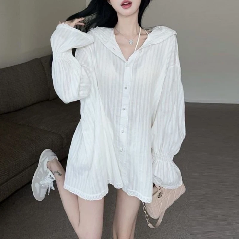 Pure Desire Wind Light Striped Hooded Shirt New Loose and Thin Sunscreen Long-sleeved Shirt Top Women