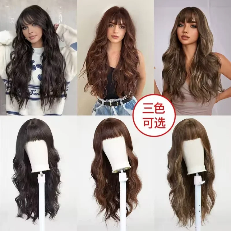 女性用、フルヘッドスタイル、エアバング付き、自然なロングカールヘア、ファッショナブルでリラックスしたウォーターウェーブウィッグ