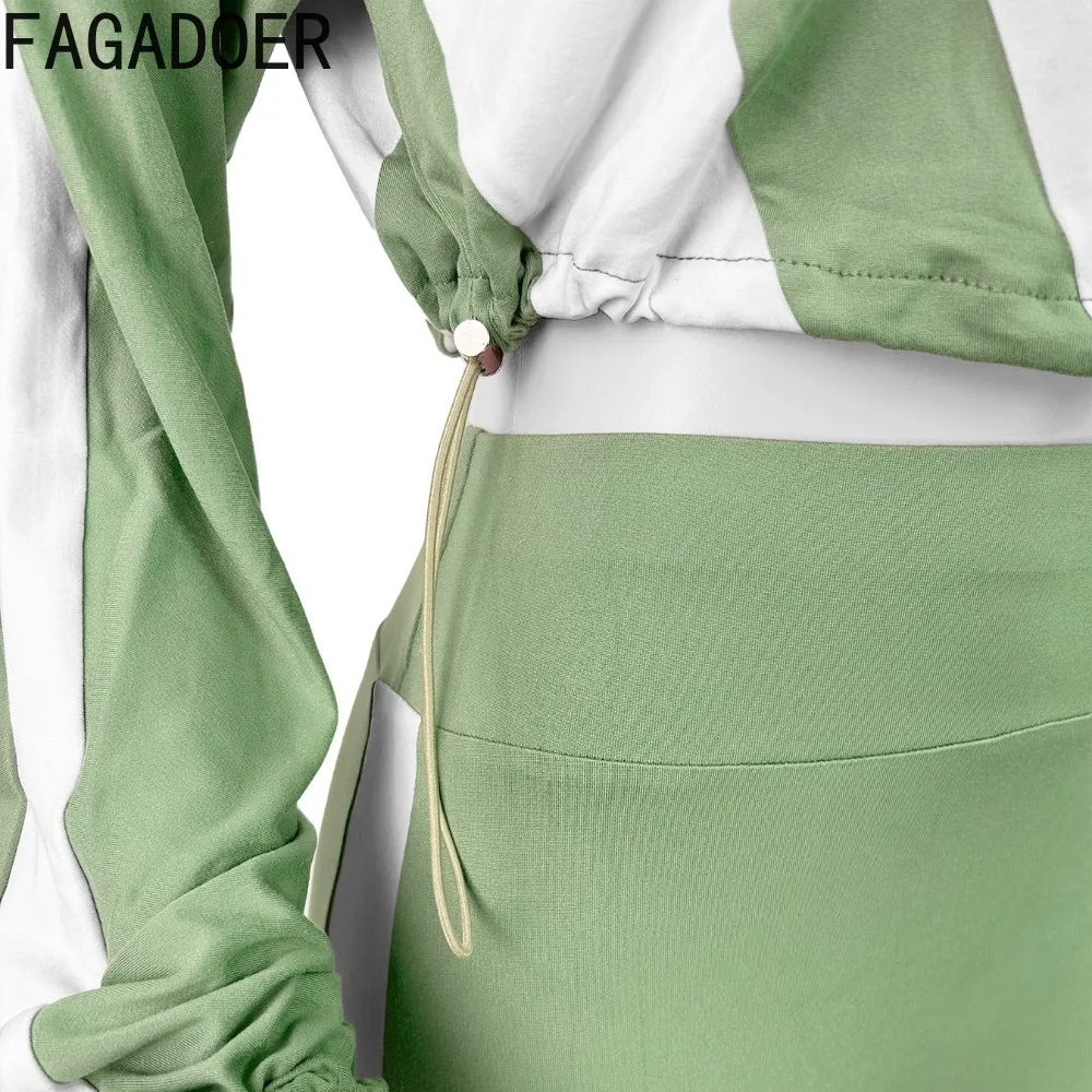 FAGADOER Spring New Casual Two Piece Outfits Woman Color Block Long Sleeve Zipper Jacket and Jogger Pants Tracksuit Streetwear