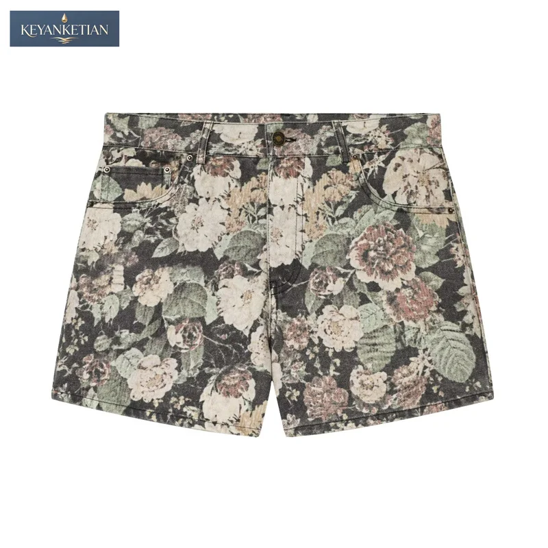 

KEYANKETIAN 2026 Vintage Floral High Waist Denim Shorts Straight Fit All-Over Retro Flower Print & Five-Pocket Design Hot Pants