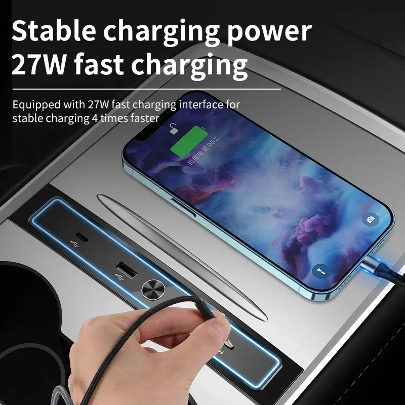 27W Quick Charger USB LED Shunt Hub For Tesla Model 3 Y Accessorie Docking Station Extension Center Console 4 Ports Smart Sensor