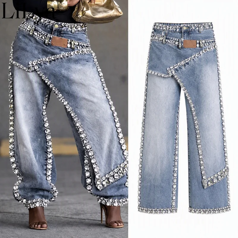 Women Wide Leg Pants Jeans Rhinestone Denims Distressed Washed Full Length Vintage Asymmetrical Trousers Y2k Streetwear 2026
