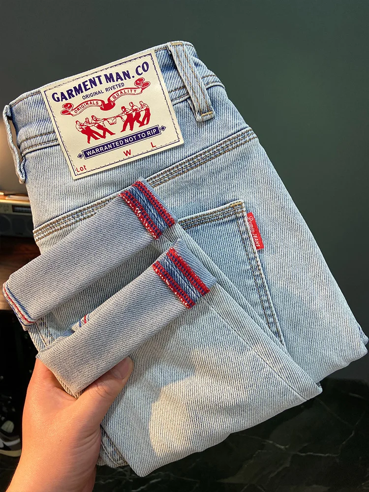 Printed Embroidered Summer Trendy Brand Jeans for Men, Light Blue, Elastic, Slim Fit, Small Feet, Thin Pants