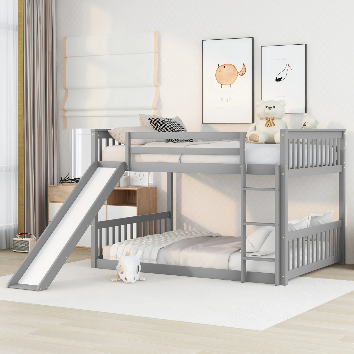 Grey Full over Full Bunk Bed with Slide and Ladder