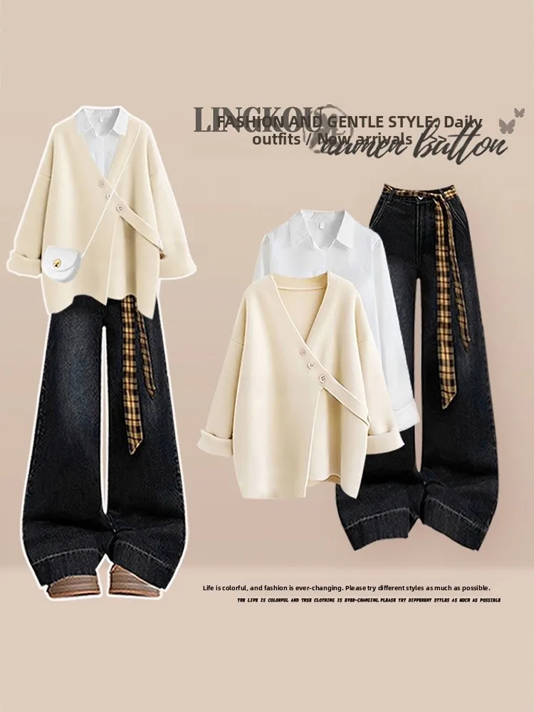 

Soft Cozy Large Size Autumn Winter Set Women's Gentle Sle Denim Base irt Vintage Jeans Tee Piece Set Casual Loose Fit