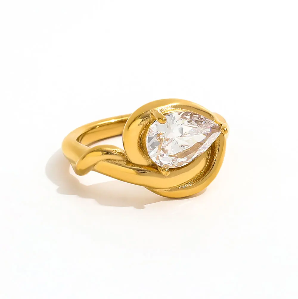 

Joolim Jewelry High End Pvd Wholesale Waterproof Fashion Wrapped Teardrop Zirconia Stainless Steel Finger Ring for Women