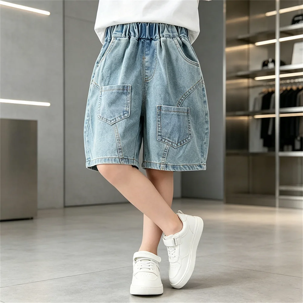 New Kids Designer Stylish Blue Jeans Shorts with Pockets for Tweens Boys Casual Denim Shorts Children Knee Length Bottoms 2-13Y