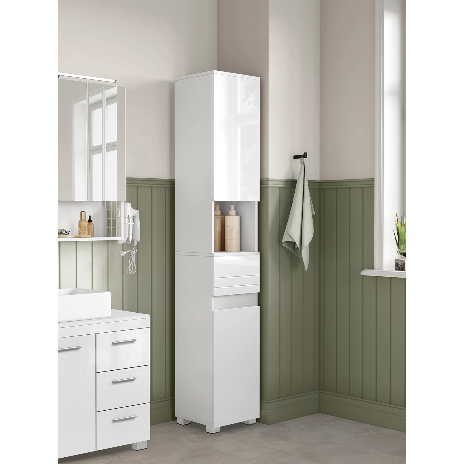 VASAGLE Tall Bathroom Cabinet, Slim Storage, Narrow Cupboard, Drawer, Adjustable Shelves, 30 x 30 x 170 cm, White