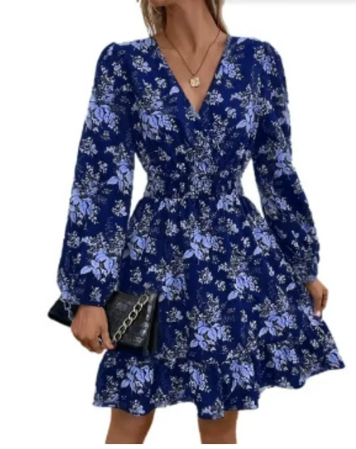 Damska Sukienka Krótka w Kwiatowy Wzór z Głębokim Dekoltem w Serek, Długim Rękawem, Dopasowana w Biodrach, Sukienka Trapezowa z Falbankami z Szyfonu, Szlafrok 2025