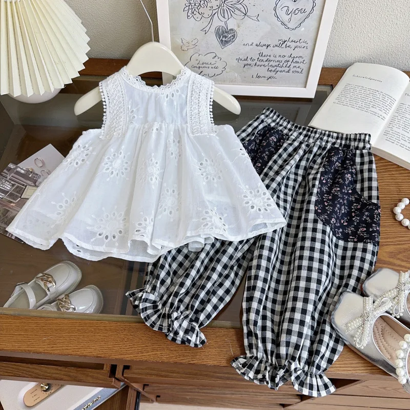 

Children's Outfit New Summer Girl Baby Fashionable Temperament Vest Top Casual Plaid Long Pants Two-Piece Set