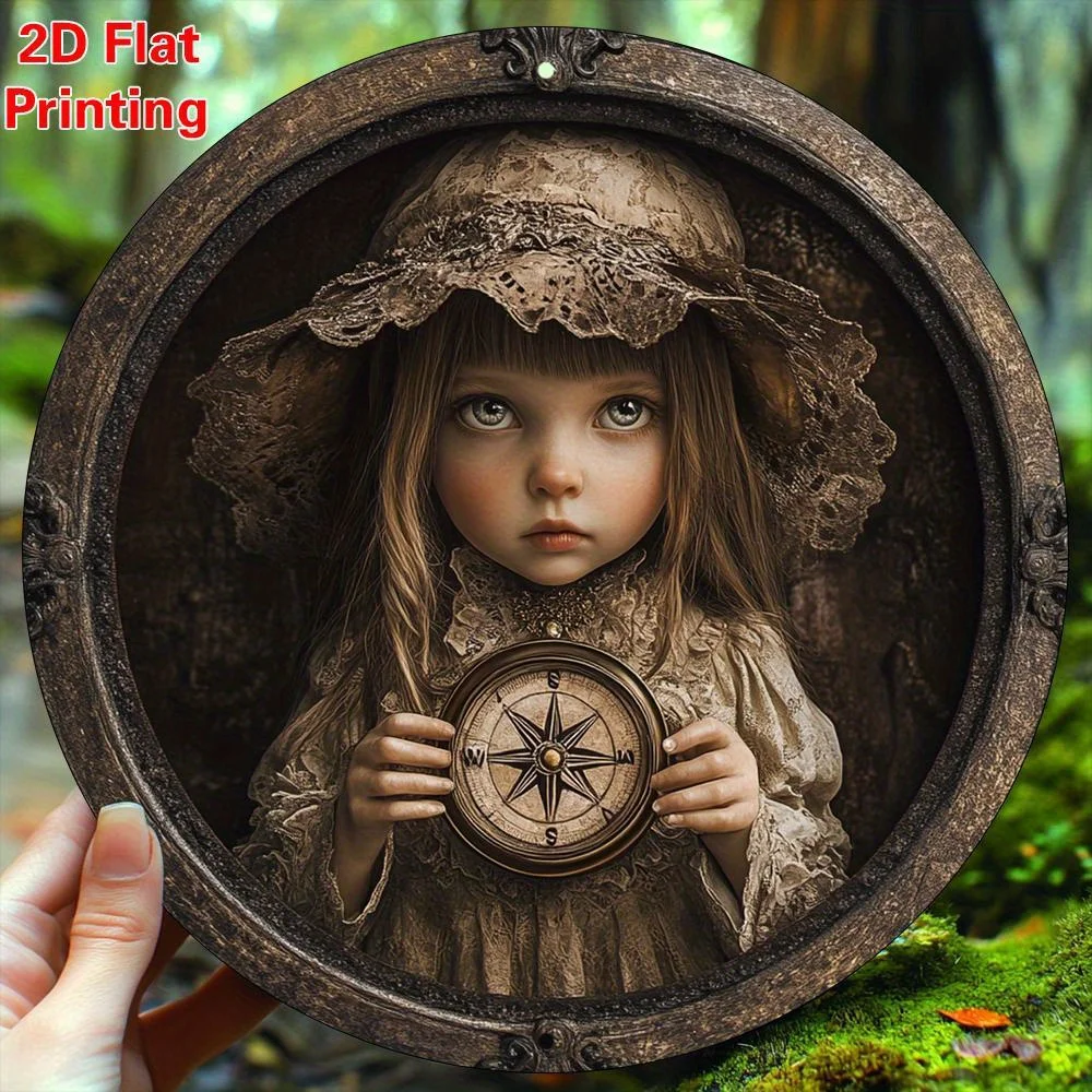 Bohemian Aluminum Wall Art, Young Girl with Compass 8x8 Inch 2D Round Metal Sign for Kitchen Cafe Living Room Office Decor, Moth