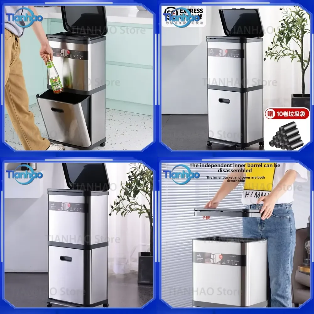 Stainless Steel Trash Can with Press Type Lid Double Layer Rolling Wheels for Office Kitchen Sorting Waste Basket No Bend