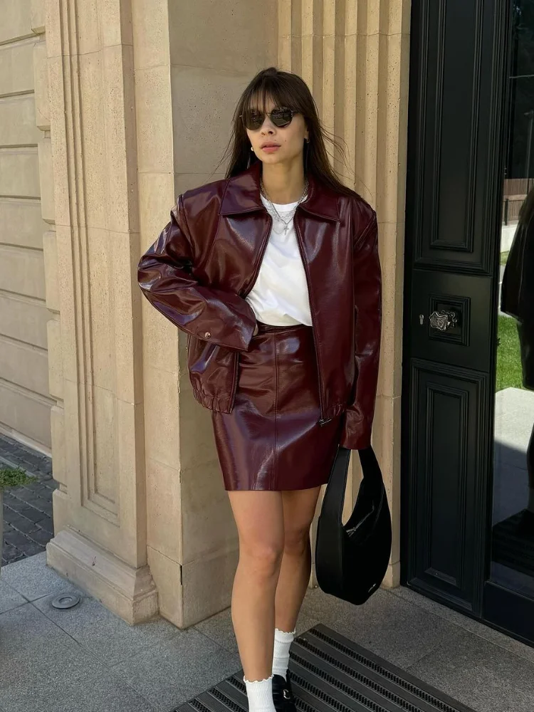 Women Elegant Ancora Red Zipper Leather Jacket 2 Piece Set Fashion High Waist Solid Cropped Mini Skirt Suit 2024 Lady Streetwear