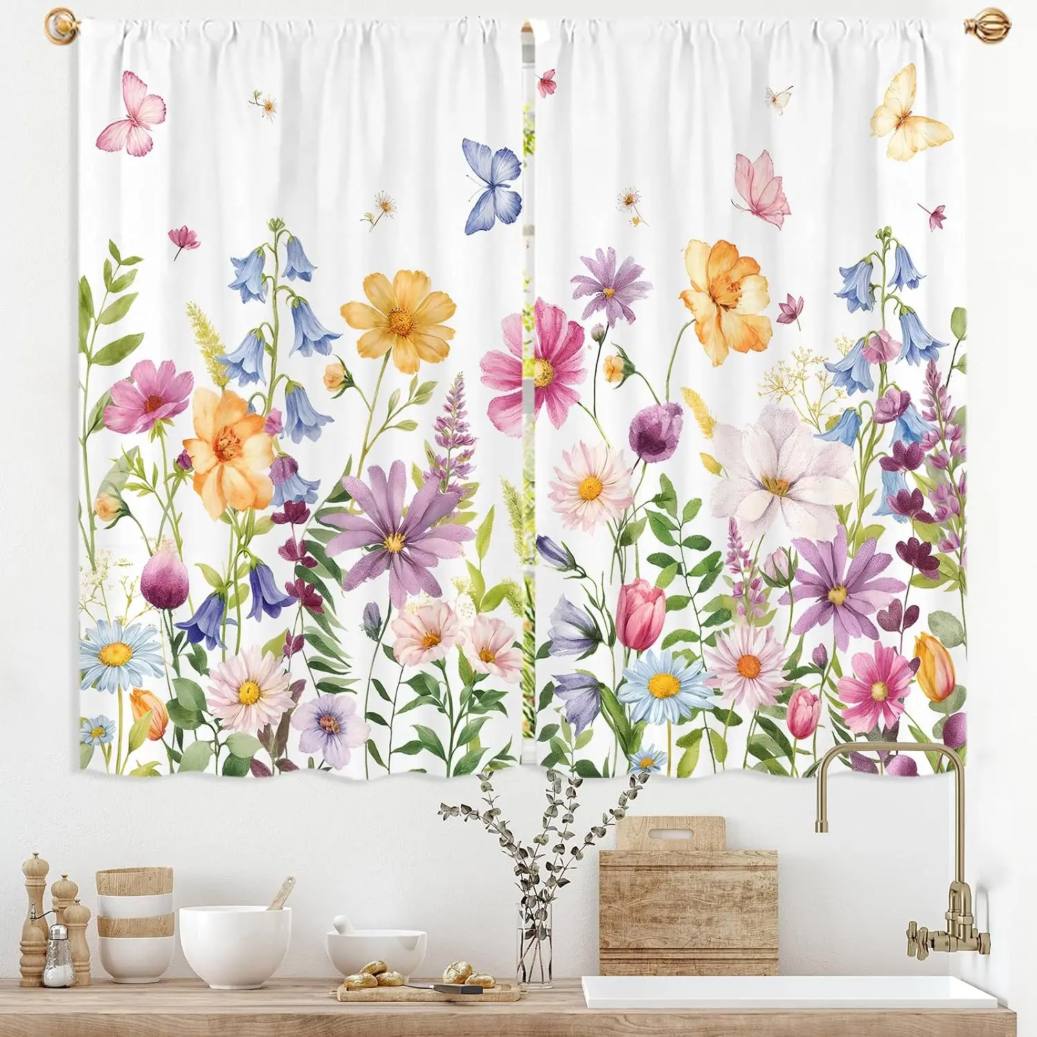 Elegant Watercolor Floral Print Shower Curtain 2 Pcs Botanical Bloom Design Cottagecore Spring Waterproof Bathroom Decoration