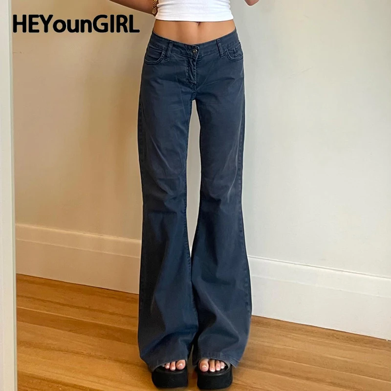 

HEYounGIRL Slim Low Rise Flare Jeans Dark Blue Vintage Y2K Street Boot Cut Trousers Autumn Ladies Denim Pants 90s Outfits