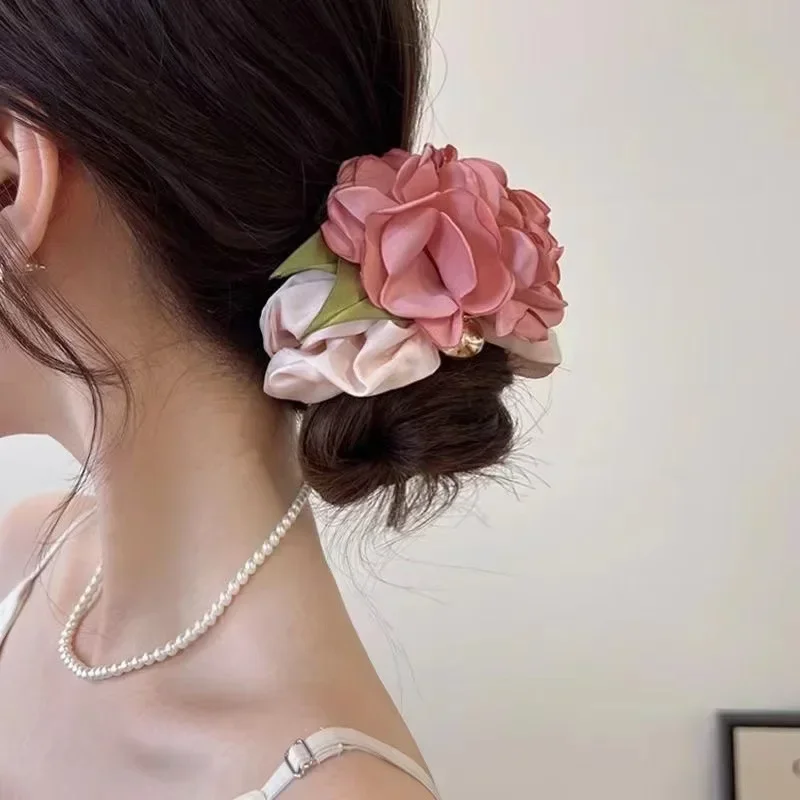 French Vintage Big Flower Hair Ring Headband Girls Korea Elastic Rubber Band Hair Rope for Women Ponytail Tie Hair Accessories