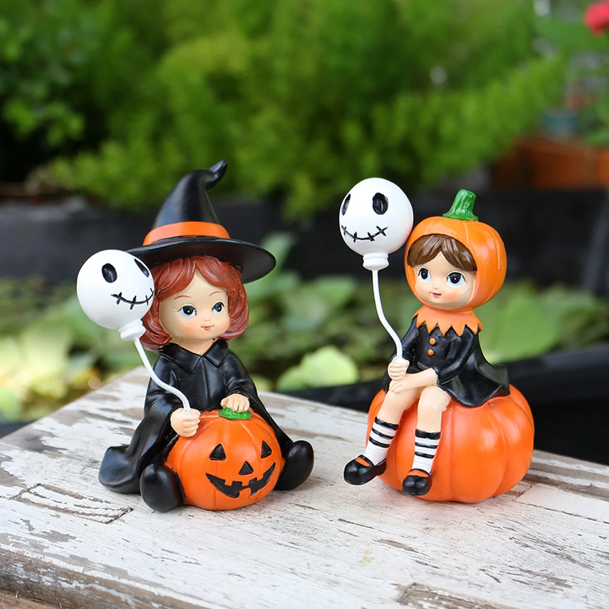 New Balloon Pumpkin Witch Statue Ornament Set Resin Home Garden Halloween Decoration Crafts