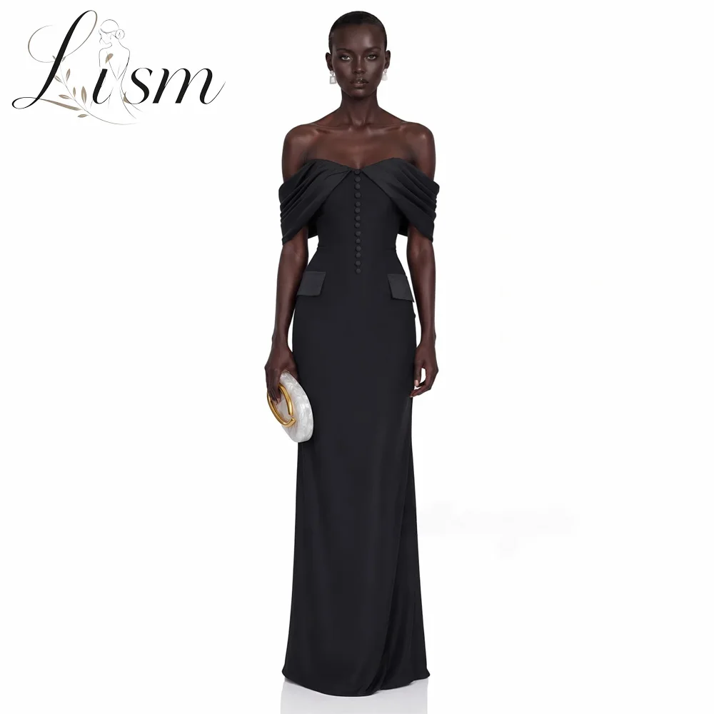 Lism Fashion Black Off Shoulder Evening Dress Crepe Satin Patchwork Buttons Lace Up Mermaid Back Slit Long Prom Gowns Customized
