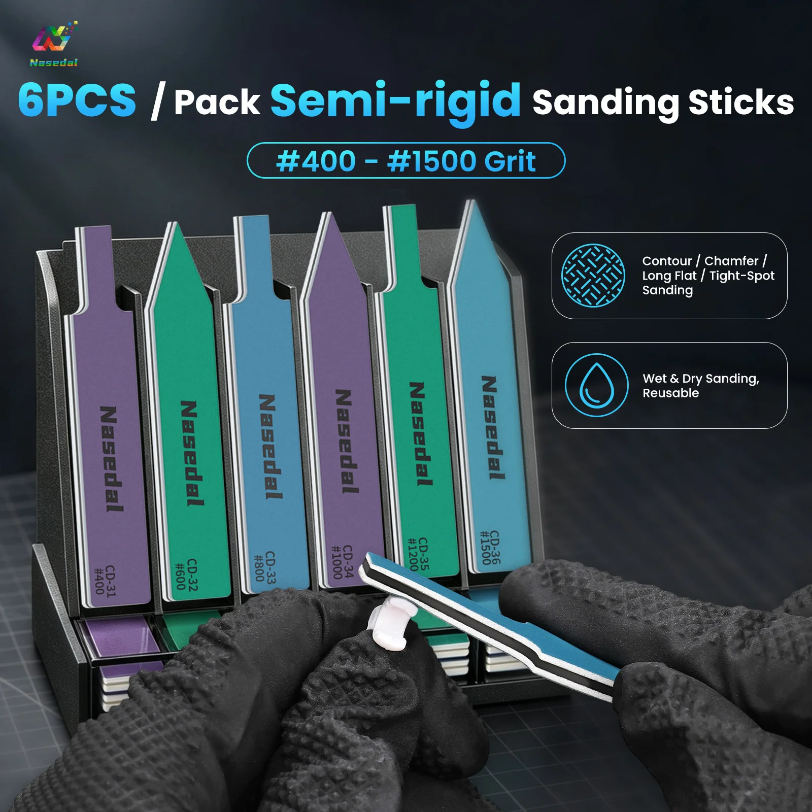Nasedal 6pcs 400-1500 Grit Dual Sided Semi Rigid Precision Sanding Sticks for Gundam Edge Finishing 3D Printed with Storage Case