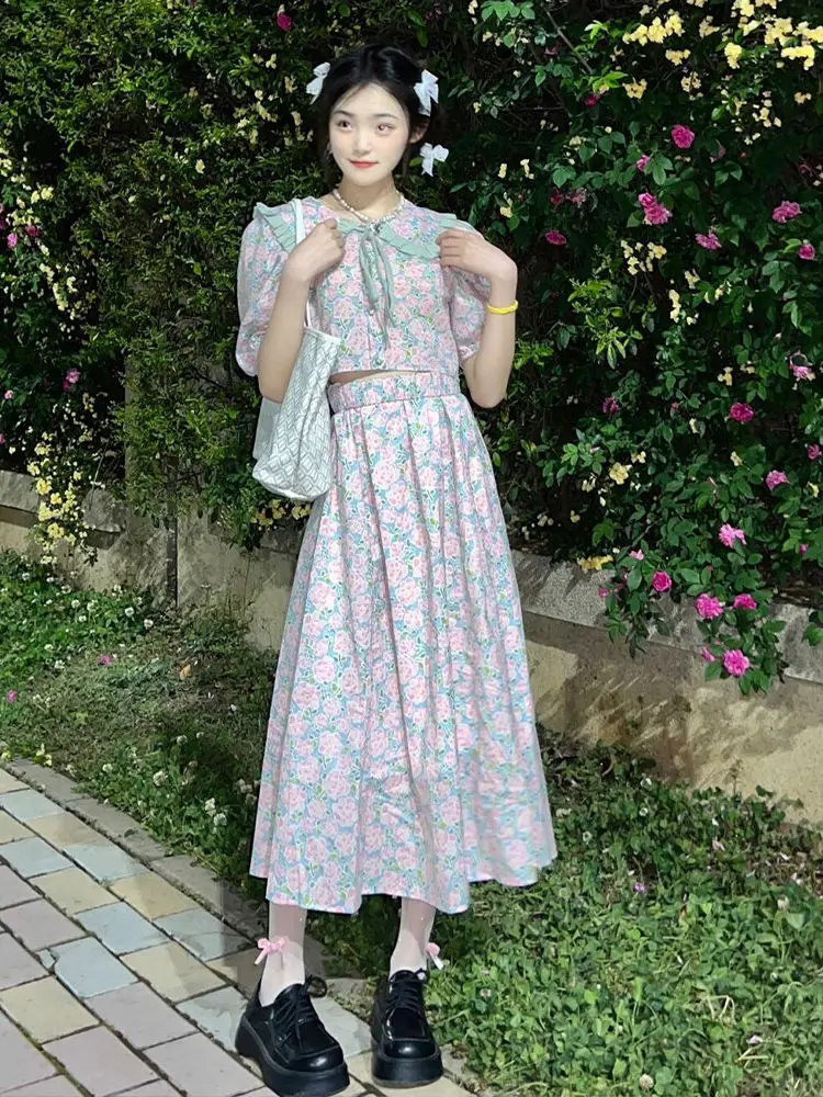 Korea Summer Chic Sweet Skirt Set Floral Print Doll Neck Bubble Sleeve Blouses  High Waist Long Skirt Two Piece Set Women