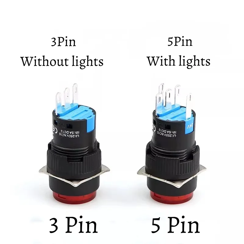 2pcs LA16-11CZ/FZ/D 16mm 3/5pin 12/24V Light button switch Round Square Rectangle No/self-locking Momentary Power Switch