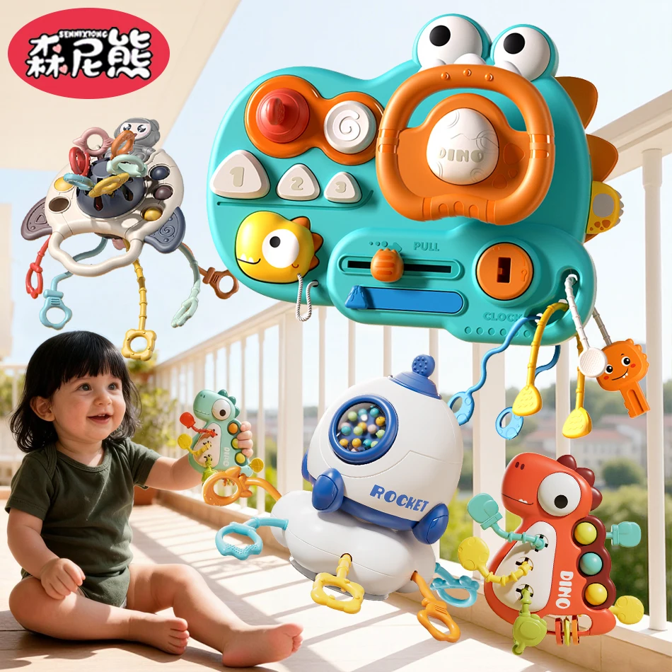 

SENNIXIONG Монтессори 5IN1 милый медведь тигр космонавт тянущая веревка для прорезывания зубов детские сенсорные развивающие погремушки игрушка подарки для малышей