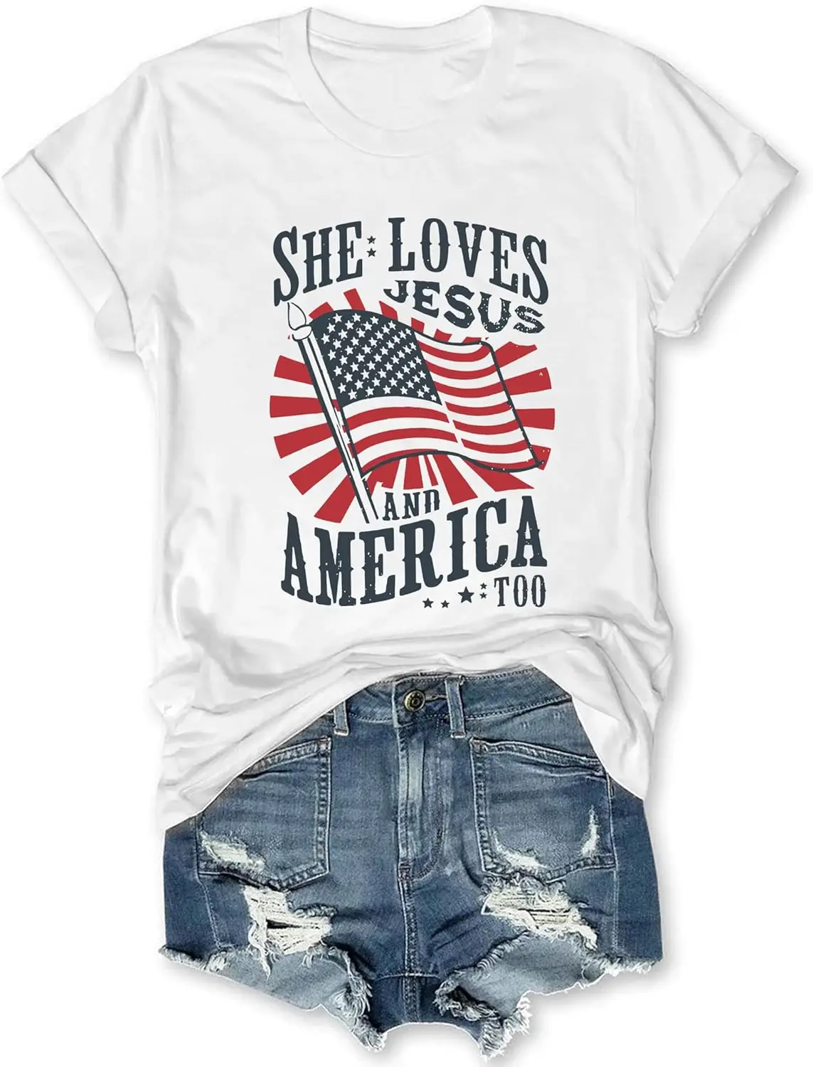 

Женская футболка с надписью «She Loves and America Too»